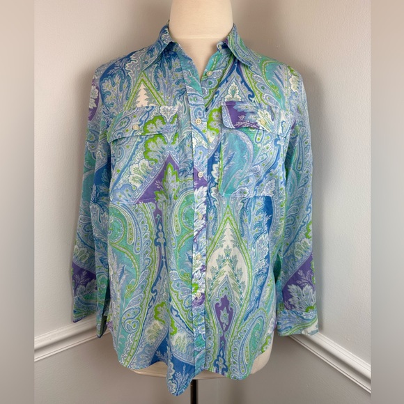 LAUREN, RALPH LAUREN Plus Lightweight Long-Sleeve Paisley Button Down | Size 1X - Picture 2 of 14